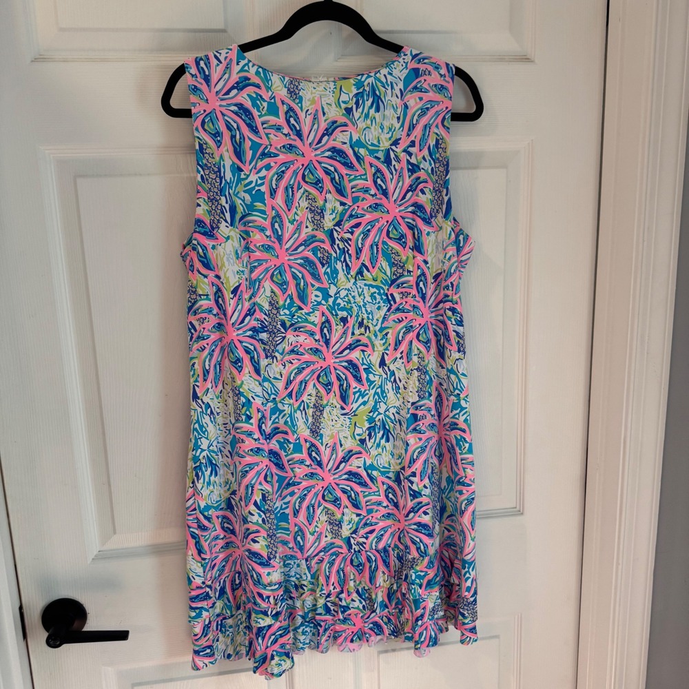Lilly Pulitzer Shift Dress Women's Sz XL Blue Pink Tropical Ruffle Hem 0101292 - Picture 2 of 7